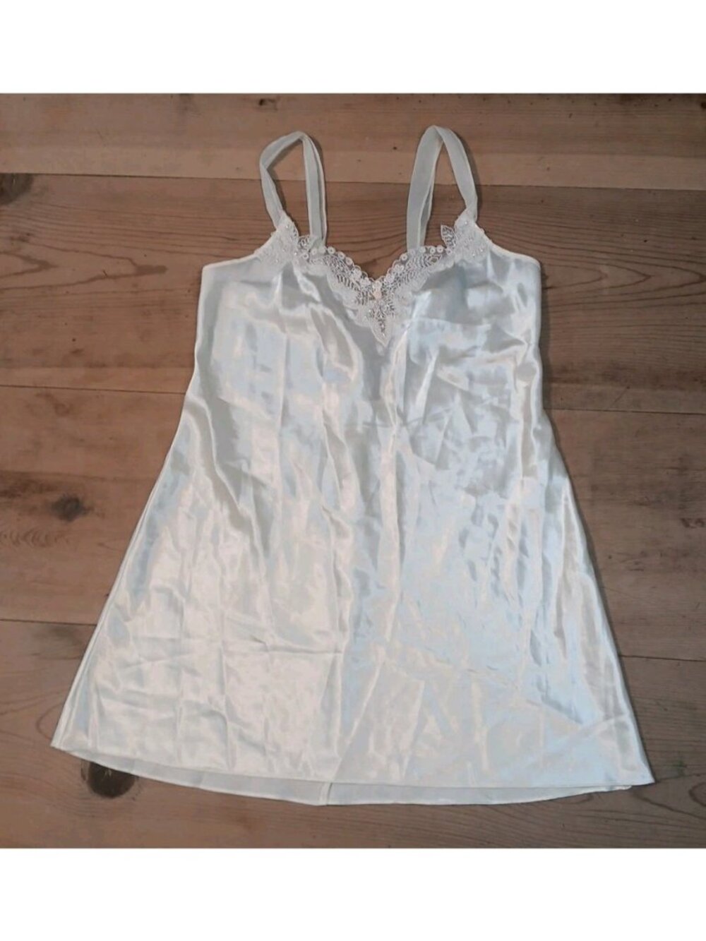 Vtg California Dynasty Womens L Slip Dress Cream Satin Floral Beaded Applique